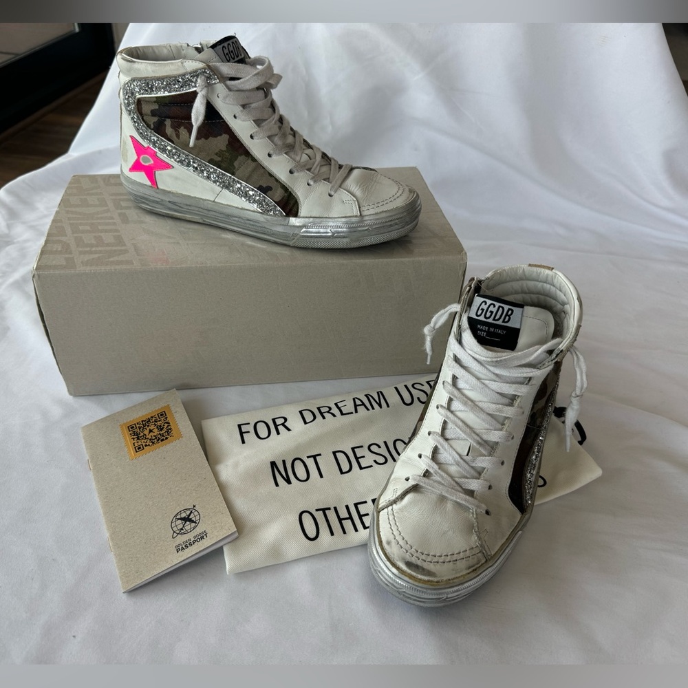 GOLDEN GOOSE Slide Sneakers Black Sequins w/Glitter Flash Green Trim Size 37/7US